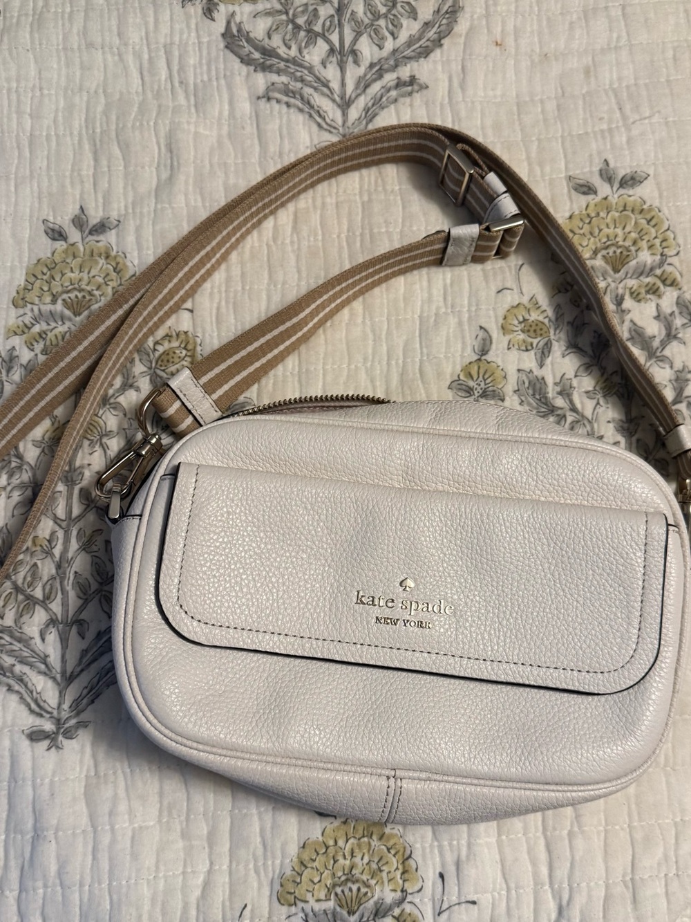 kate spade Ivory Pebbled Leather Crossbody with Striped Strap